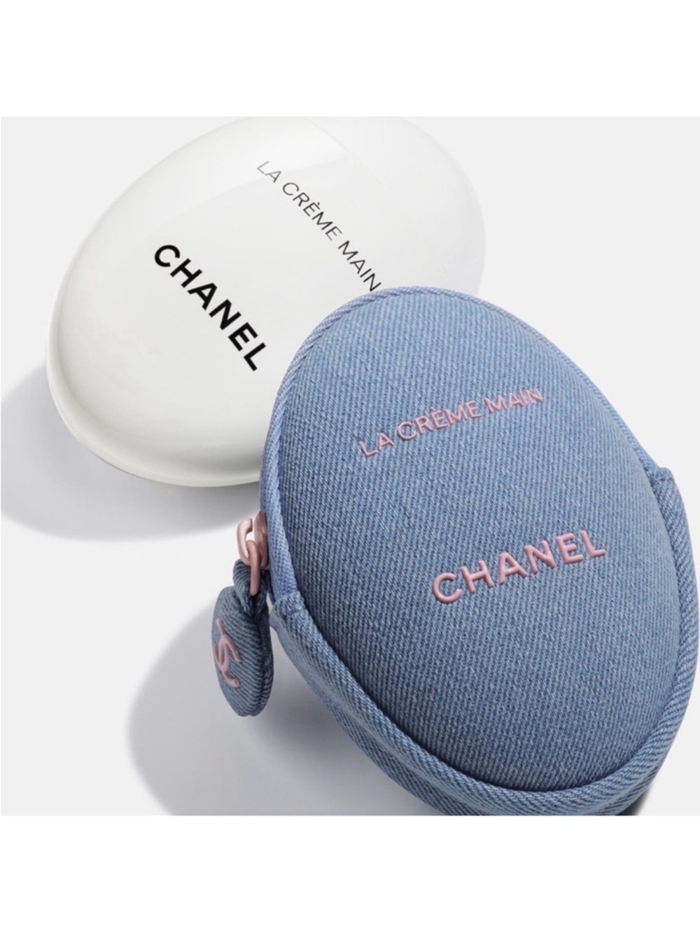 CHANEL Blue Denim Zippered Case (Limited Edition) with LA CRÈME MAIN Hand Cream